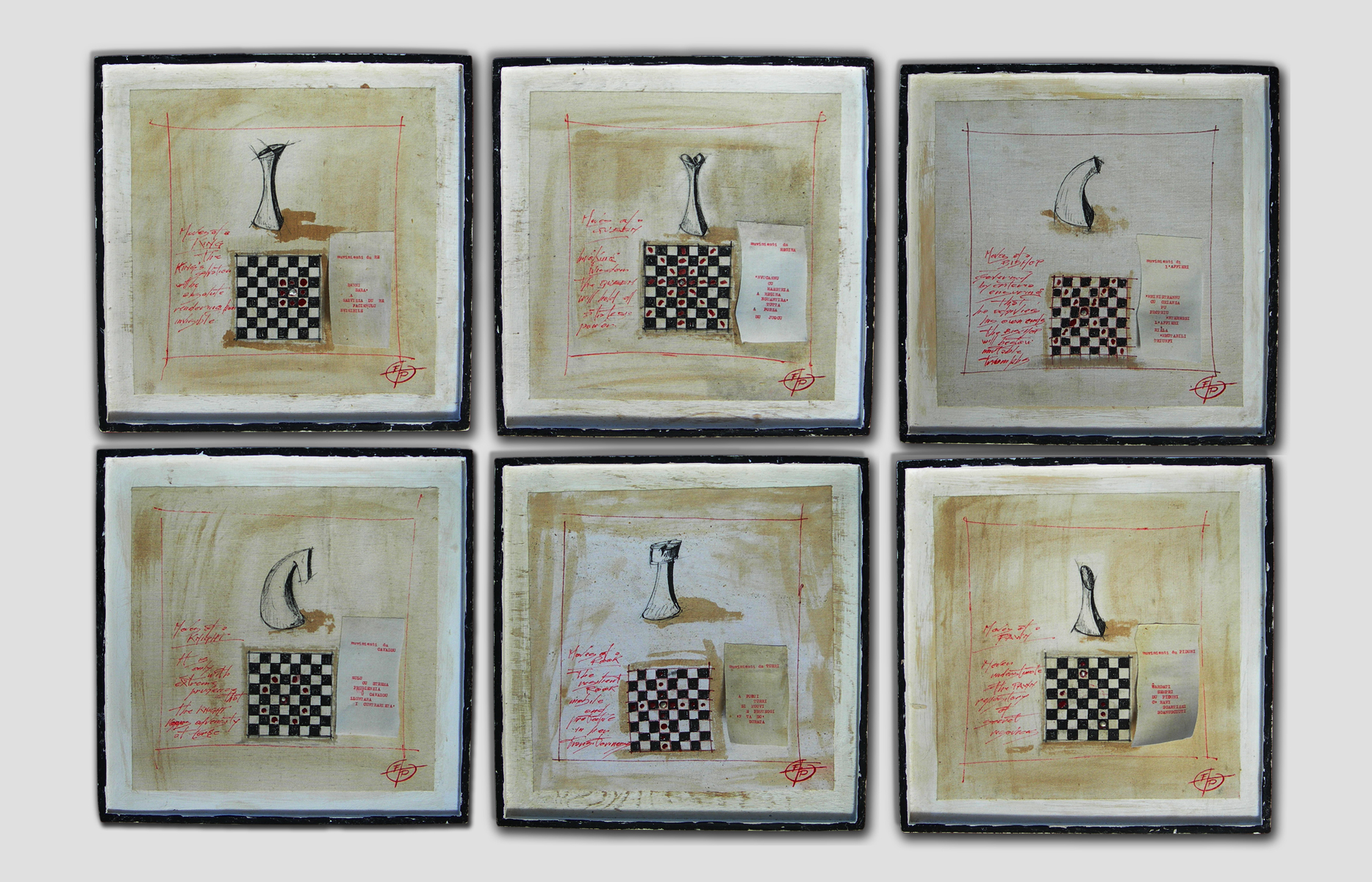 009-PRO-JECTUS (the game of chess/ù juocu di scacchi) - 2012  
37 x 37 cm ( each )
mixed media on canvas panel